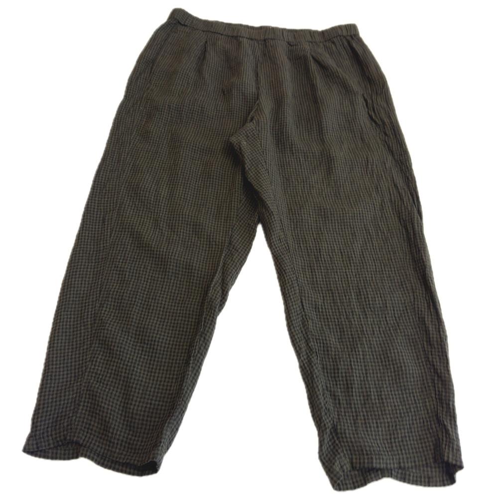 Eileen Fisher Pants Women X Large Green Black Puckered Organic Linen Tapered - Picture 2 of 12